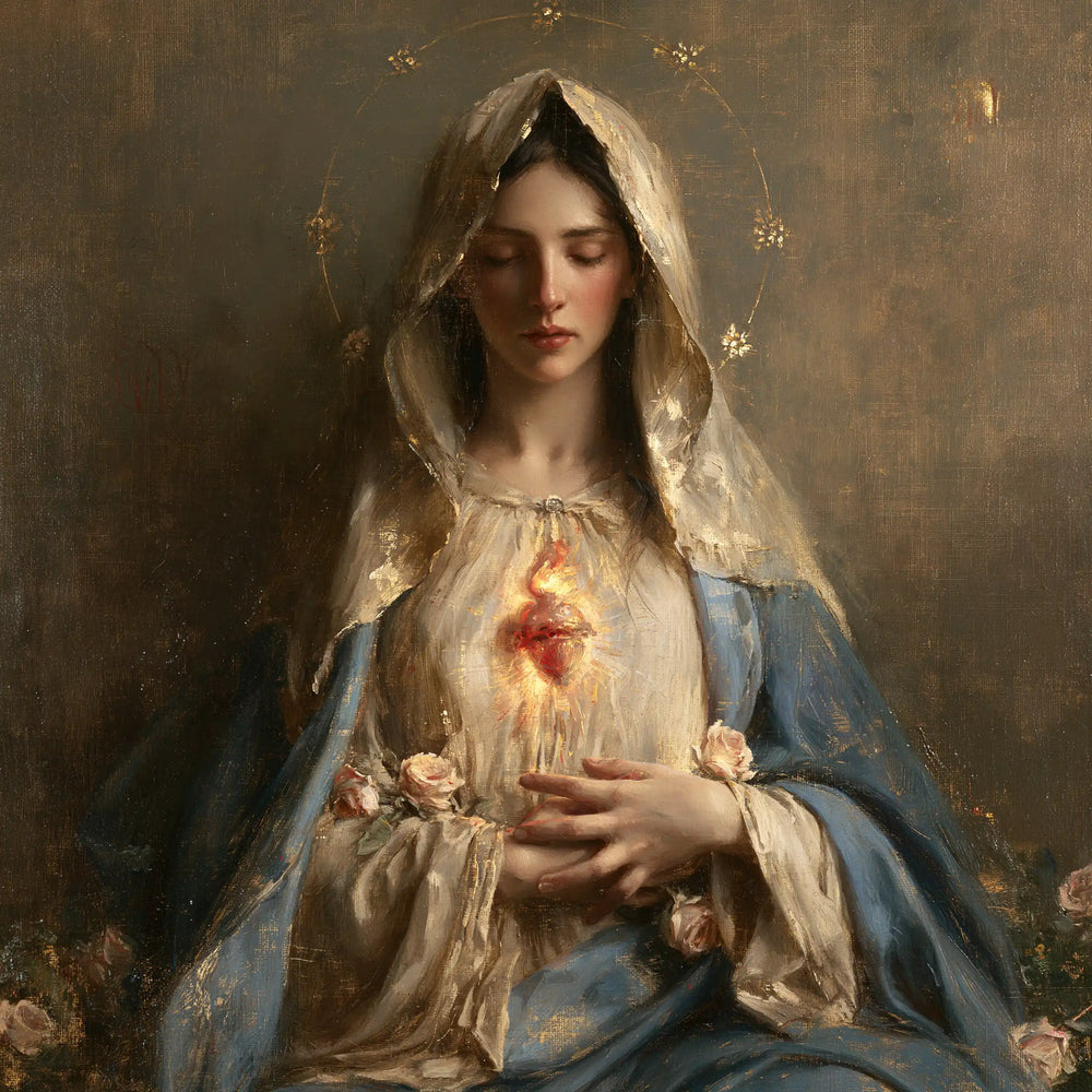 Mary with her Immaculate Heart in sacred maternal tenderness in Sacred Maternal Tenderness style, square Christian artwork no. 3
