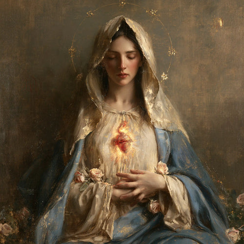 Mary with her Immaculate Heart in sacred maternal tenderness in Sacred Maternal Tenderness style, square Christian artwork no. 3