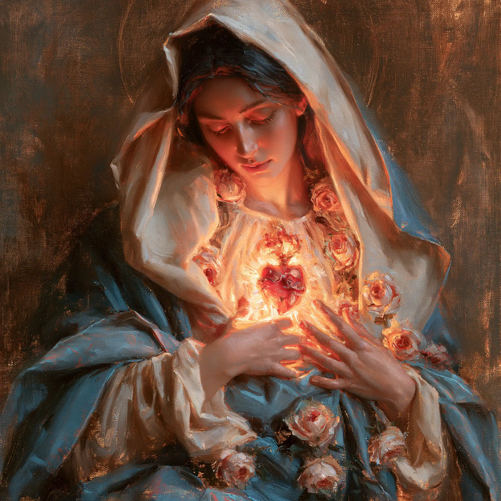 Mary with her Immaculate Heart in sacred maternal tenderness in Sacred Maternal Tenderness style, square Christian artwork no. 4