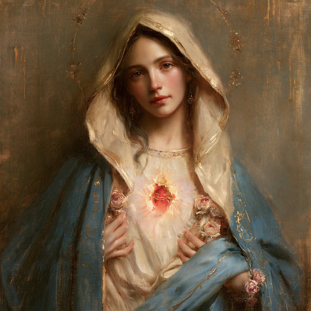 Mary with her Immaculate Heart in sacred maternal tenderness in Sacred Maternal Tenderness style, square Christian artwork no. 5