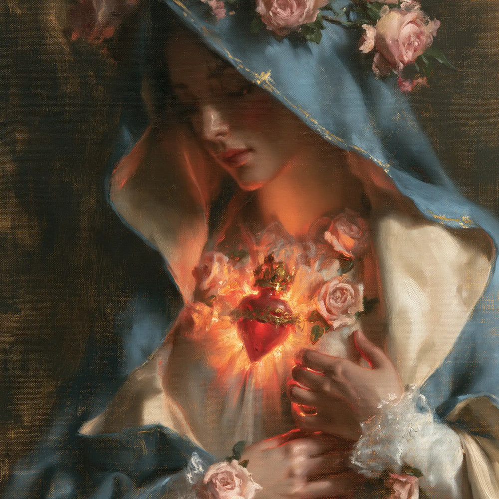 Mary with her Immaculate Heart in sacred maternal tenderness in Sacred Maternal Tenderness style, square Christian artwork no. 6