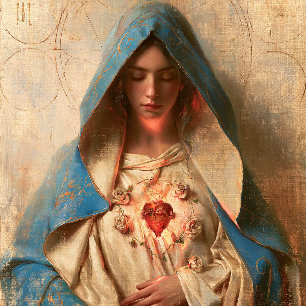 Mary with her Immaculate Heart in sacred maternal tenderness in Sacred Maternal Tenderness style, square Christian artwork no. 7