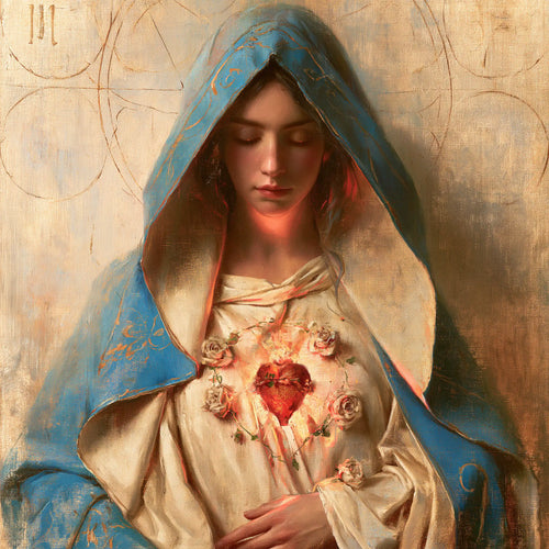 Mary with her Immaculate Heart in sacred maternal tenderness in Sacred Maternal Tenderness style, square Christian artwork no. 7