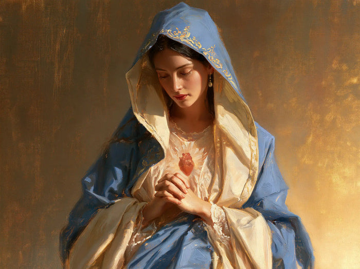 The Immaculate Heart of Mary — Contemplative Hands Beneath Embroidered Blue