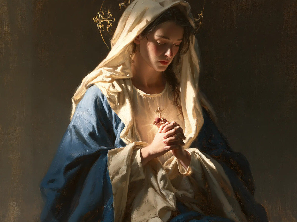 the Immaculate Heart of Mary in devotional silence in The Silence of Devotion style, landscape Christian artwork no. 5