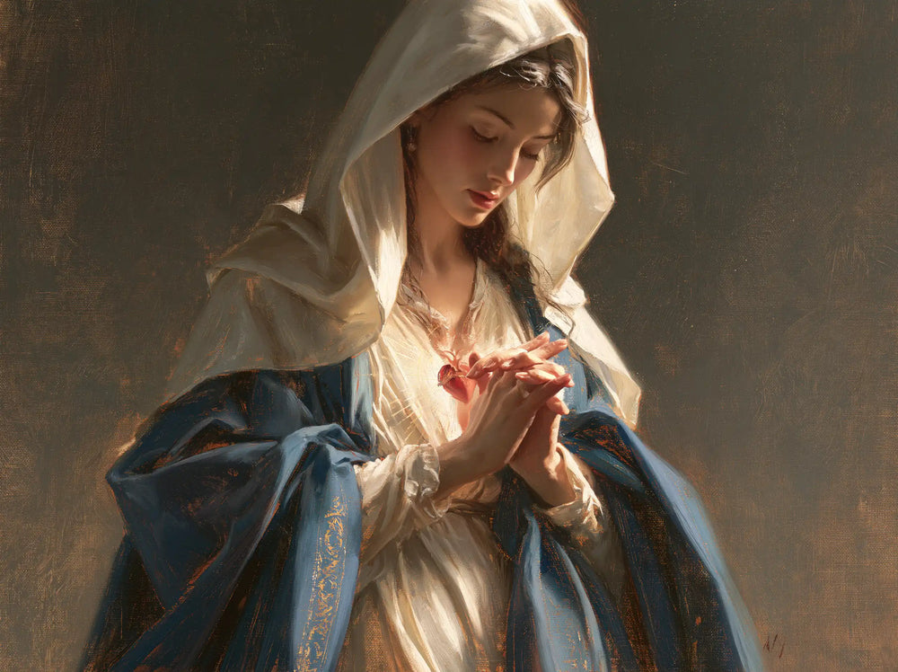the Immaculate Heart of Mary in devotional silence in The Silence of Devotion style, landscape Christian artwork no. 6