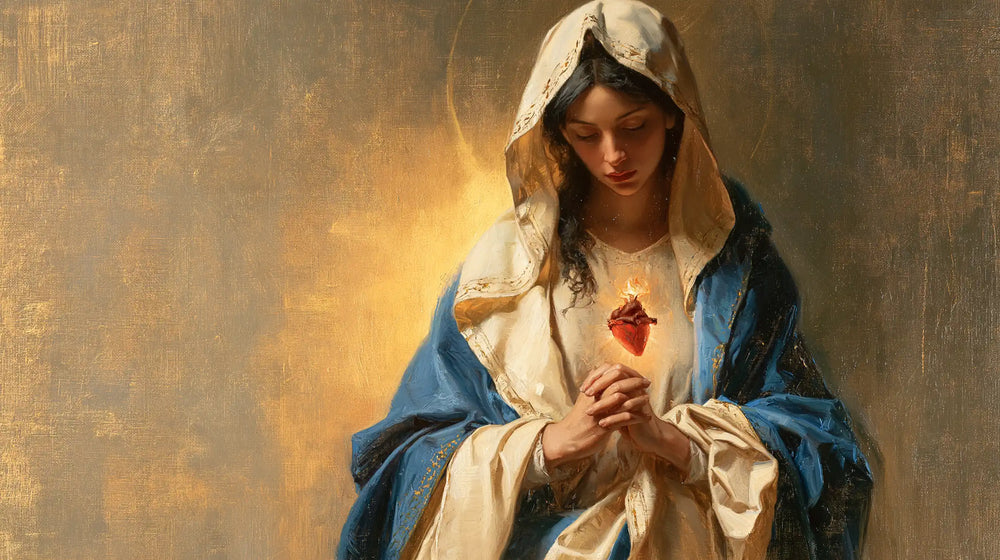 the Immaculate Heart of Mary in devotional silence in The Silence of Devotion style, landscape Christian artwork no. 12