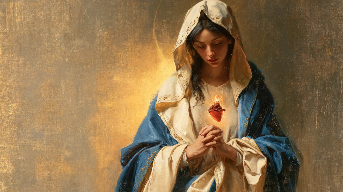 the Immaculate Heart of Mary in devotional silence in The Silence of Devotion style, landscape Christian artwork no. 12