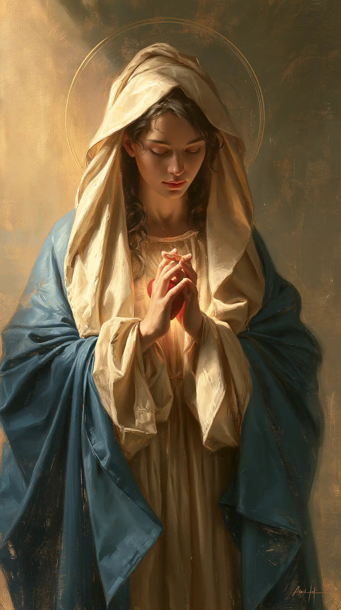 The Immaculate Heart of Mary — Raised Fingers in the Pale Halo