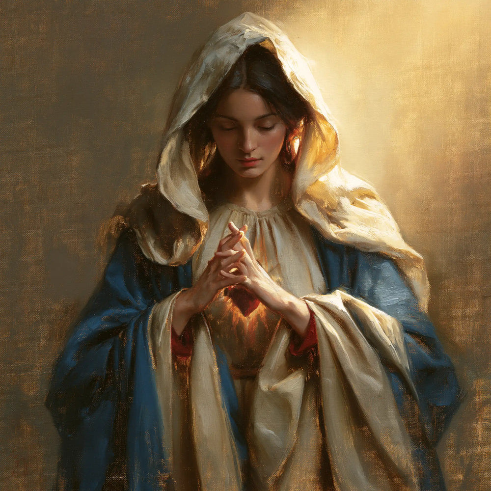 the Immaculate Heart of Mary in devotional silence in The Silence of Devotion style, square Christian artwork no. 9