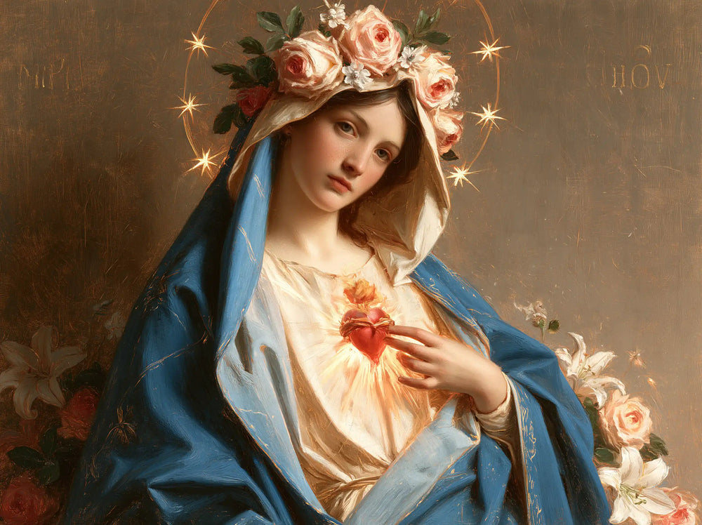 the Immaculate Heart of Mary in a symbolist composition in Symbolist style, landscape Christian artwork no. 8