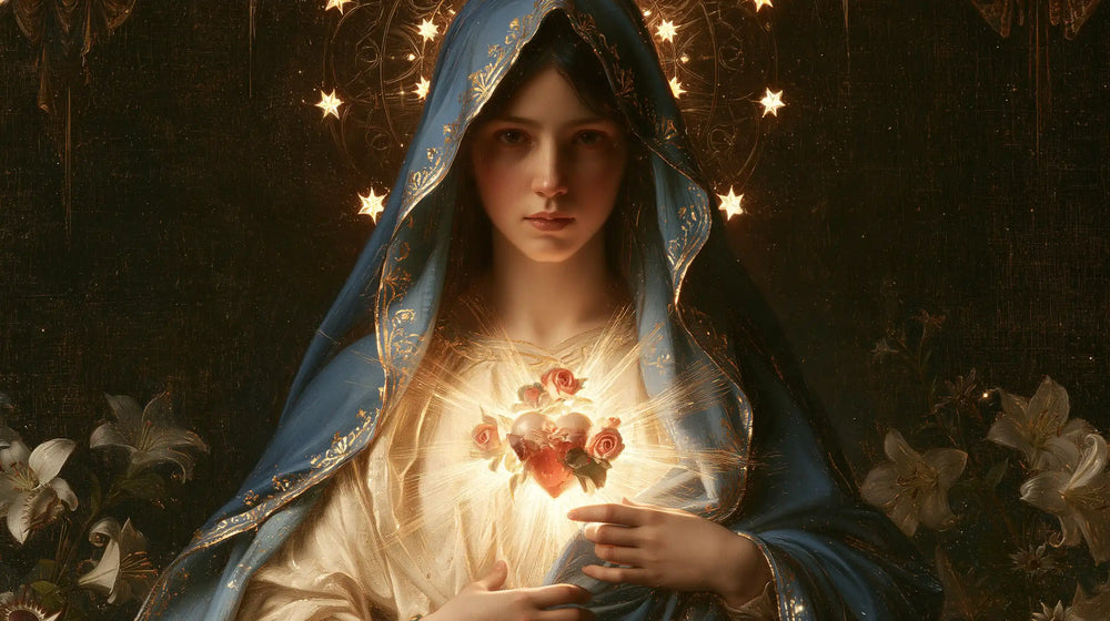 the Immaculate Heart of Mary in a symbolist composition in Symbolist style, landscape Christian artwork no. 23