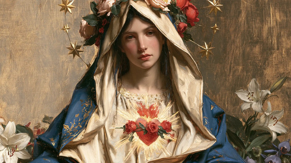 the Immaculate Heart of Mary in a symbolist composition in Symbolist style, landscape Christian artwork no. 24
