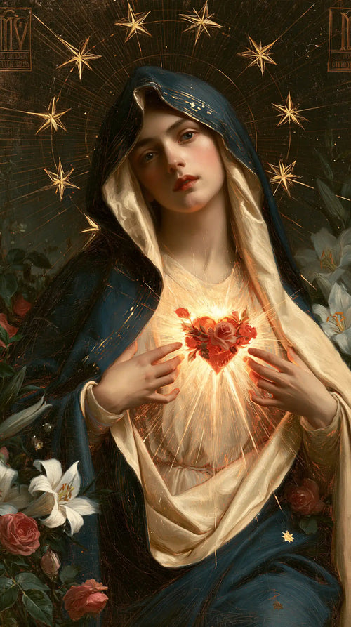 the Immaculate Heart of Mary in a symbolist composition in Symbolist style, portrait Christian artwork no. 6