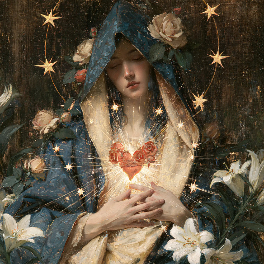 the Immaculate Heart of Mary in a symbolist composition in Symbolist style, square Christian artwork no. 11