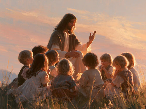 Jesus and the children gathered at dawn in Jesus and the Children at Dawn style, landscape Christian artwork no. 2
