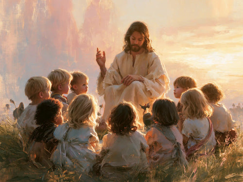Jesus and the children gathered at dawn in Jesus and the Children at Dawn style, landscape Christian artwork no. 3