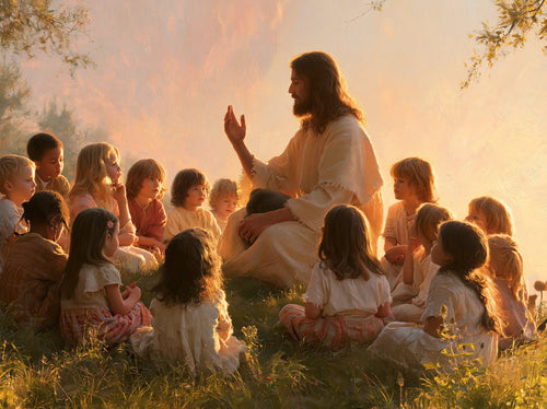 Jesus and the children gathered at dawn in Jesus and the Children at Dawn style, landscape Christian artwork no. 6