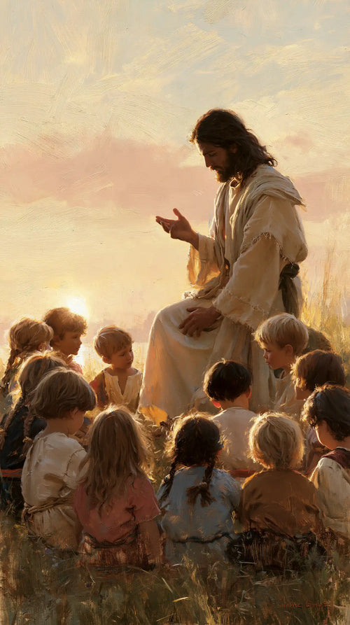 Jesus and the children gathered at dawn in Jesus and the Children at Dawn style, portrait Christian artwork no. 4