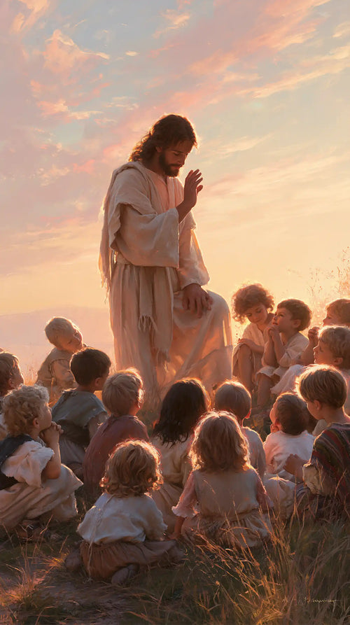 Jesus and the children gathered at dawn in Jesus and the Children at Dawn style, portrait Christian artwork no. 7