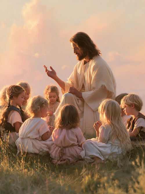 Jesus and the children gathered at dawn in Jesus and the Children at Dawn style, portrait Christian artwork no. 14