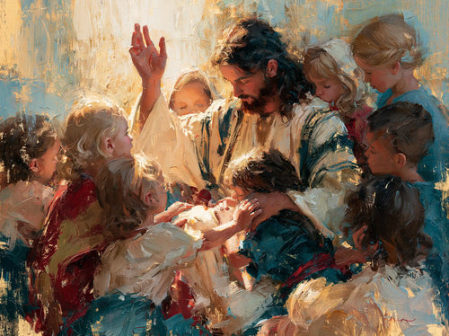 Jesus surrounded by children in an expressionist composition in Expressionist style, landscape Christian artwork no. 14