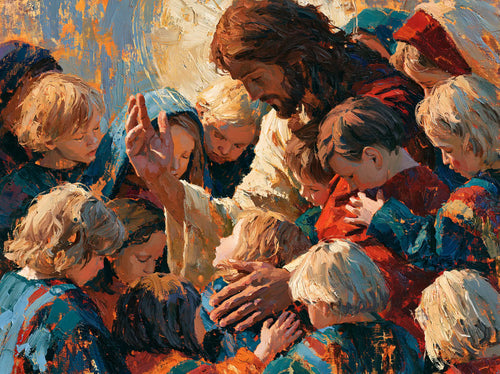Jesus surrounded by children in an expressionist composition in Expressionist style, landscape Christian artwork no. 16
