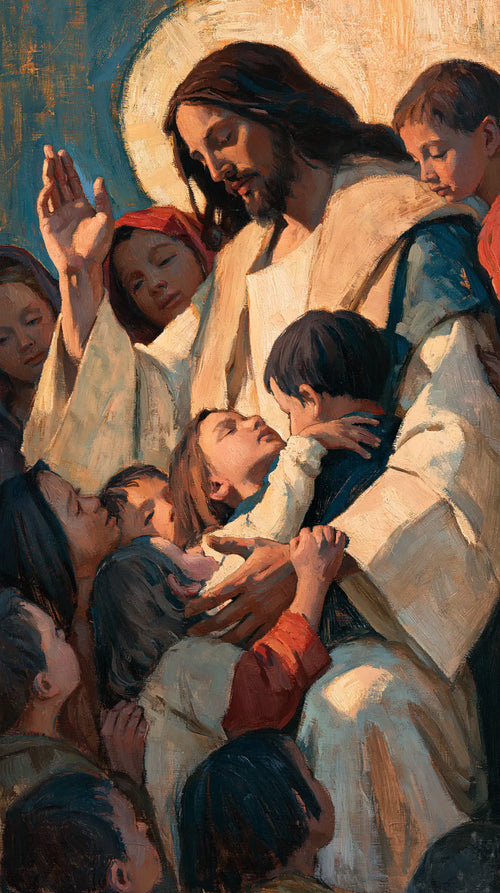 Jesus surrounded by children in an expressionist composition in Expressionist style, portrait Christian artwork no. 8