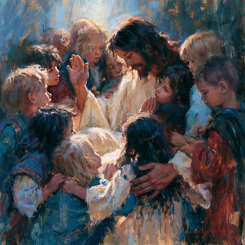 Jesus surrounded by children in an expressionist composition in Expressionist style, square Christian artwork no. 8