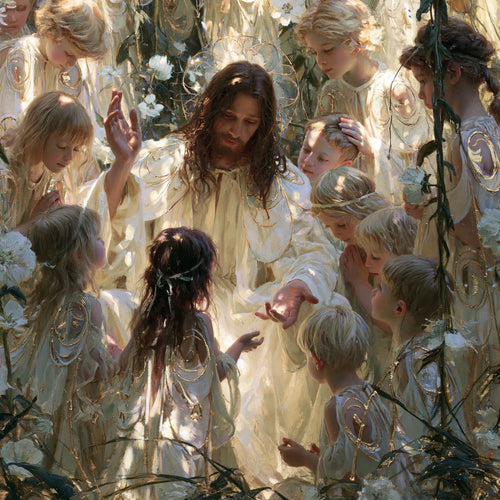 Jesus and the children framed by sacred Art Nouveau ornament in Sacred Art Nouveau style, square Christian artwork no. 7