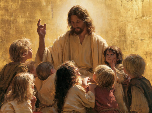 Jesus welcoming children in radiant golden light in Sacred Gold style, landscape Christian artwork no. 8