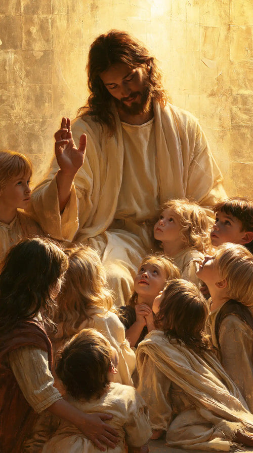 Jesus welcoming children in radiant golden light in Sacred Gold style, portrait Christian artwork no. 1