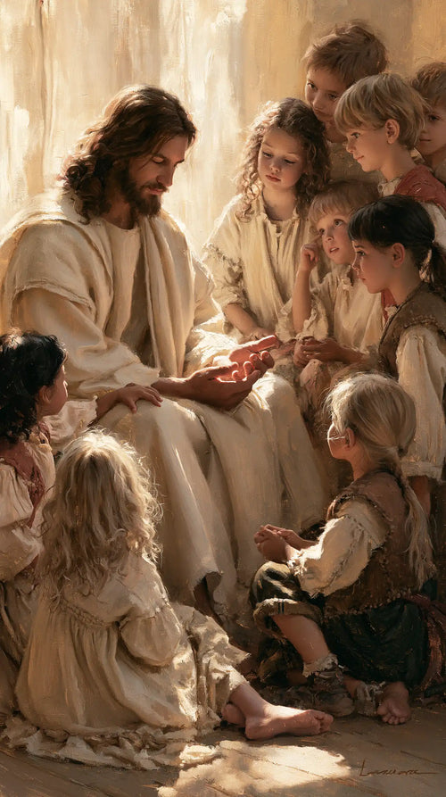 Jesus with children in a meditation on sacred innocence in Innocence as a Sacred Symbol style, portrait Christian artwork no. 3