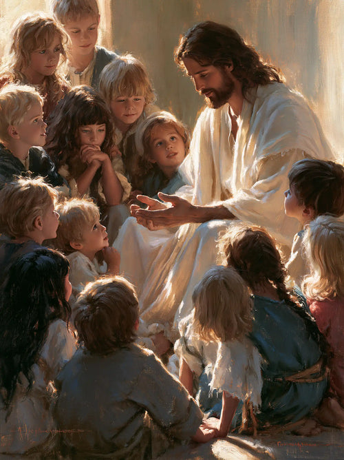 Jesus with children in a meditation on sacred innocence in Innocence as a Sacred Symbol style, portrait Christian artwork no. 11