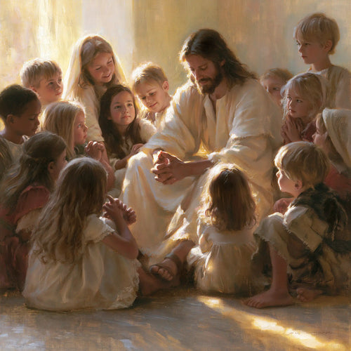 Jesus with children in a meditation on sacred innocence in Innocence as a Sacred Symbol style, square Christian artwork no. 3