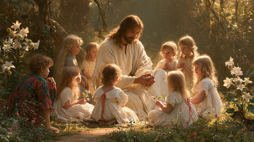Jesus and the children in a symbolist composition in Symbolist style, landscape Christian artwork no. 2