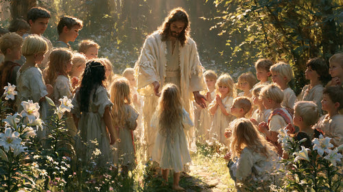 Jesus and the children in a symbolist composition in Symbolist style, landscape Christian artwork no. 6