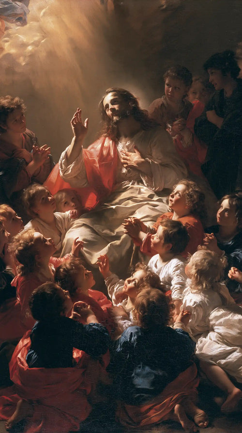 Jesus welcoming children in a theatrical Baroque scene in Theatrical Baroque style, portrait Christian artwork no. 2
