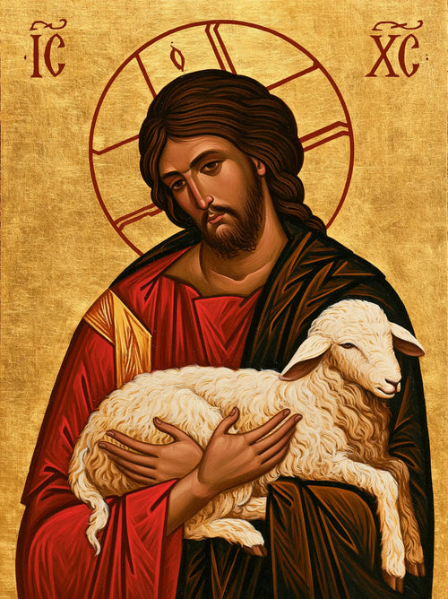 Jesus and the lamb in a contemporary Byzantine icon in Contemporary Byzantine style, portrait Christian artwork no. 8