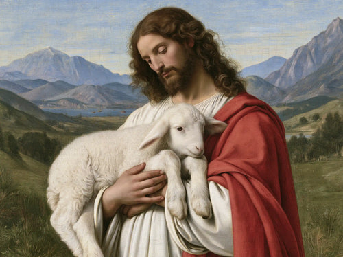 Jesus with a lamb in Florentine Renaissance style in Florentine Renaissance style, landscape Christian artwork no. 6
