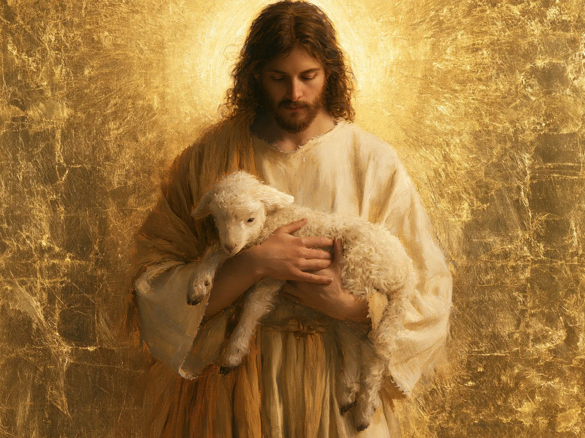 Jesus and the Lamb — The Shepherd in Crackled Gold