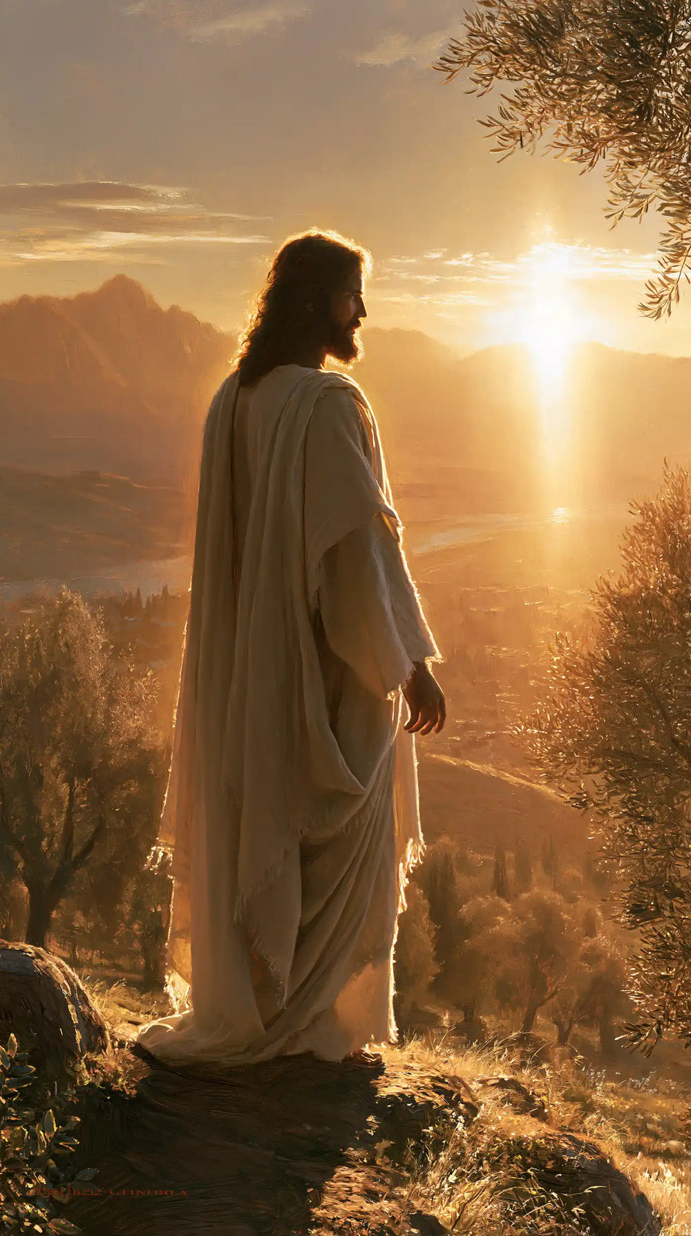 Jesus walking along a hillside at sunset in Sacred Silence style, portrait Christian artwork no. 16