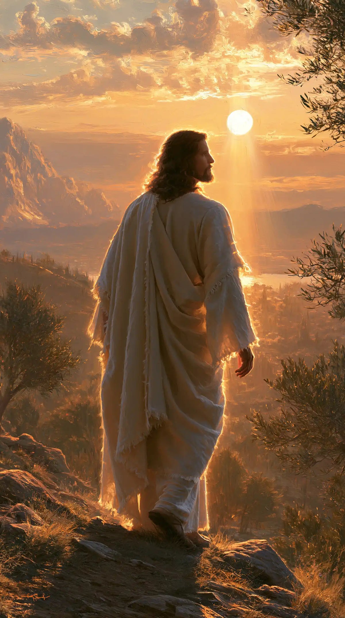 Jesus walking along a hillside at sunset in Sacred Silence style, portrait Christian artwork no. 21