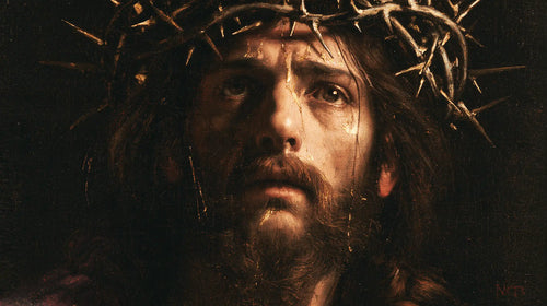 Jesus crowned with thorns in black and gold in Black and Gold style, landscape Christian artwork no. 9