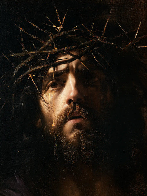 Jesus crowned with thorns in black and gold in Black and Gold style, portrait Christian artwork no. 9