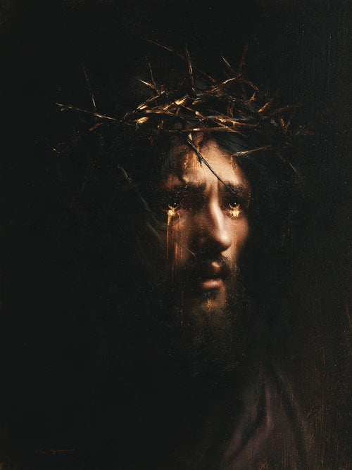 Jesus crowned with thorns in black and gold in Black and Gold style, portrait Christian artwork no. 10