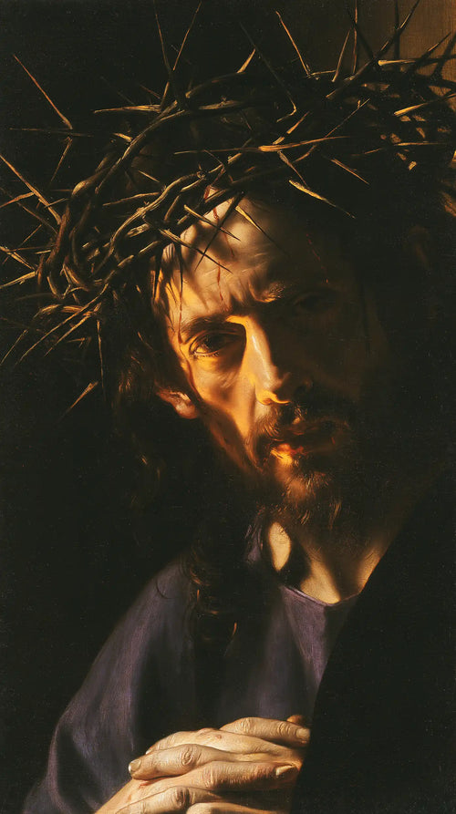 Jesus crowned with thorns in dramatic chiaroscuro in Caravaggio Tenebrism style, portrait Christian artwork no. 4