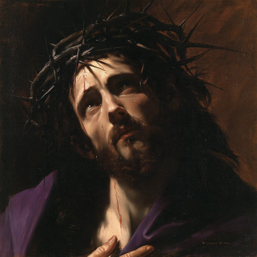 Jesus crowned with thorns in dramatic chiaroscuro in Caravaggio Tenebrism style, square Christian artwork no. 1
