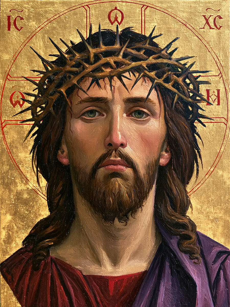 Jesus Crowned with Thorns — Pale Eyes above Garnet