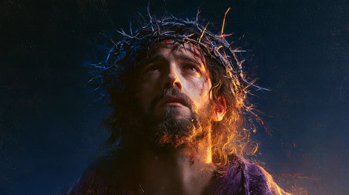 Jesus Crowned with Thorns — Hair Aflame in the Blue Night